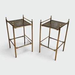 Pair of Three-Tier Neoclassical Brass & Smoked Glass Side Tables, in the Style of Baguès, c.1940