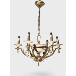 Six-Arm Brass & Cream Lacquered Metal Chandelier, France circa 1940