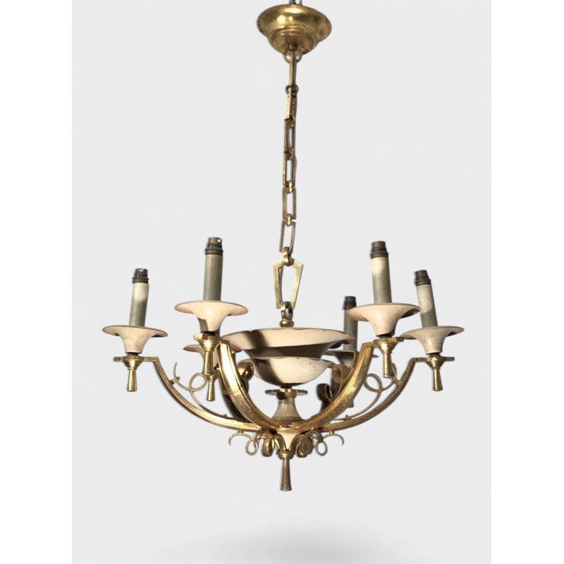 Six-Arm Brass & Cream Lacquered Metal Chandelier, France circa 1940