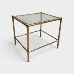 Two-Tier Faux-Bamboo Brass Side Table with Glass Shelves, in the Style of Jacques Adnet, c.1970