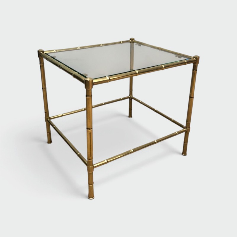 Two-Tier Faux-Bamboo Brass Side Table with Glass Shelves, in the Style of Jacques Adnet, c.1970