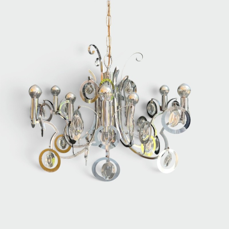 Design Chandelier in Chromed Metal with Scrolls and Optical Glass Lenses, in the Style of Sciolari, Circa 1970