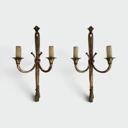 Important Pair of Louis XVI-Style Bronze Wall Sconces with Bows and Ribbons. Circa 1950