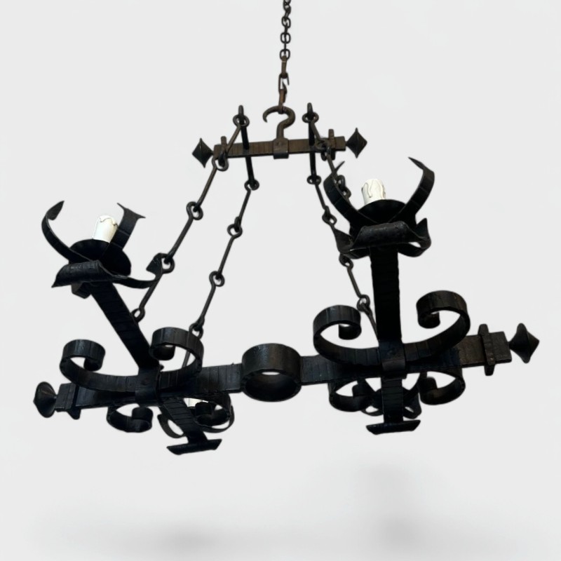Four-Light Gothic Style Wrought Iron Chandelier, French Work, circa 1940