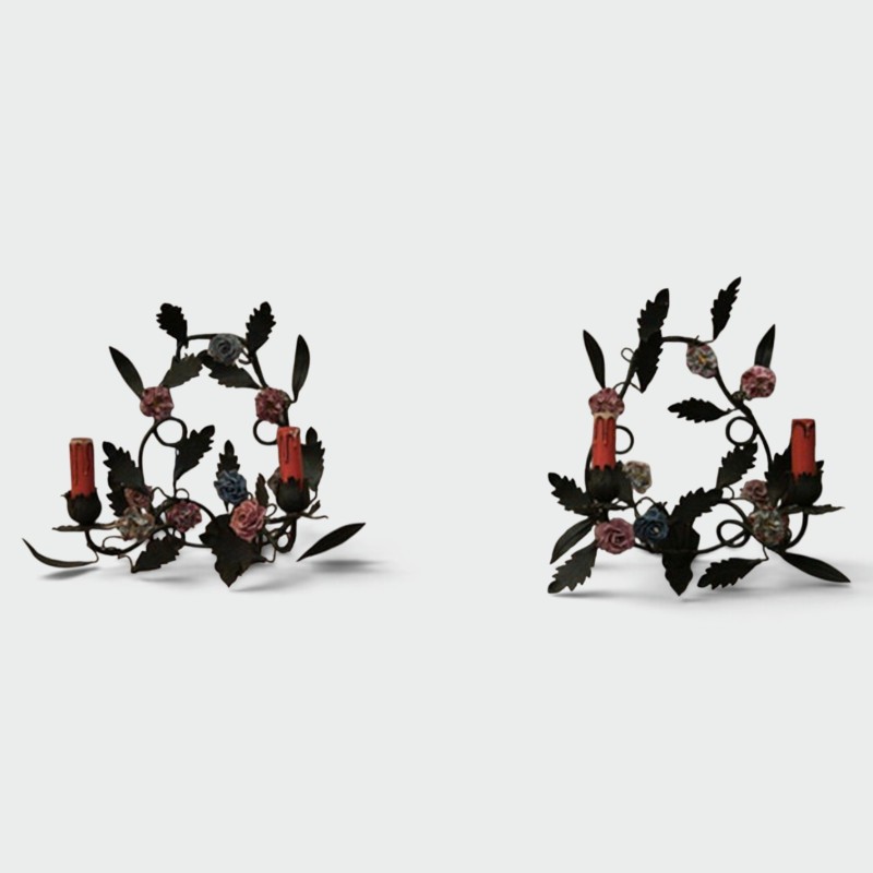 Pair of Decorative Wall Sconces with Porcelain Flowers, circa 1970