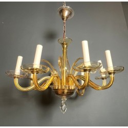 Eight-Arm Amber Murano Glass Chandelier, Italian Work, circa 1970