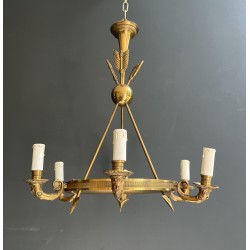 Empire Style Annular Chandelier in Gilt Bronze with Arrow and Mascaron Decoration, Six Lights, Circa 1900