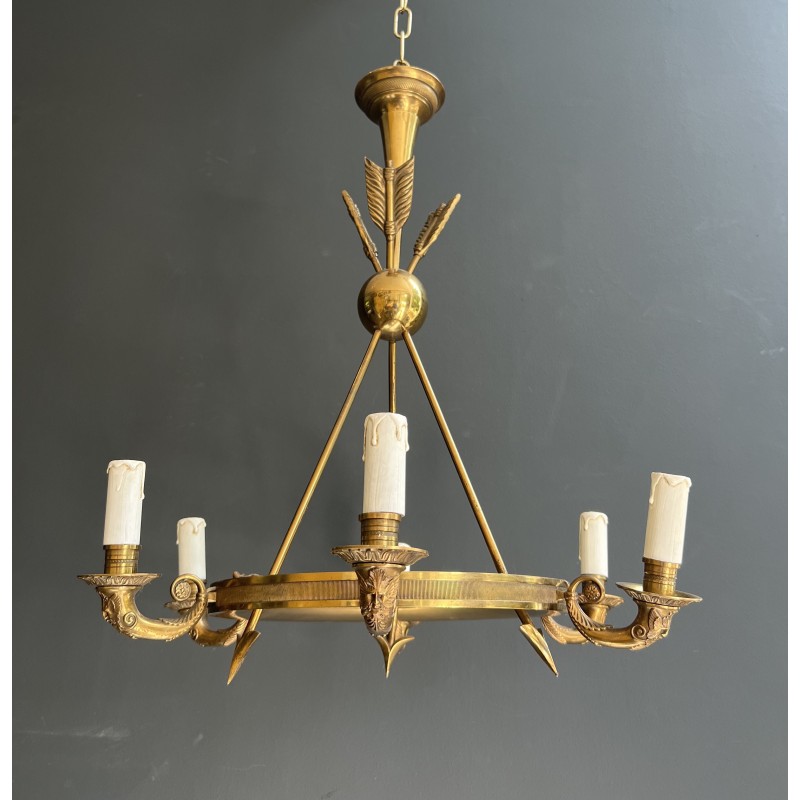Empire Style Annular Chandelier in Gilt Bronze with Arrow and Mascaron Decoration, Six Lights, Circa 1900
