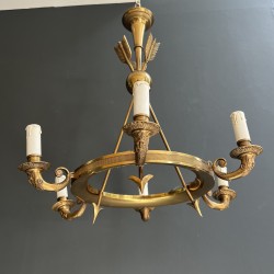 Empire Style Annular Chandelier in Gilt Bronze with Arrow and Mascaron Decoration, Six Lights, Circa 1900