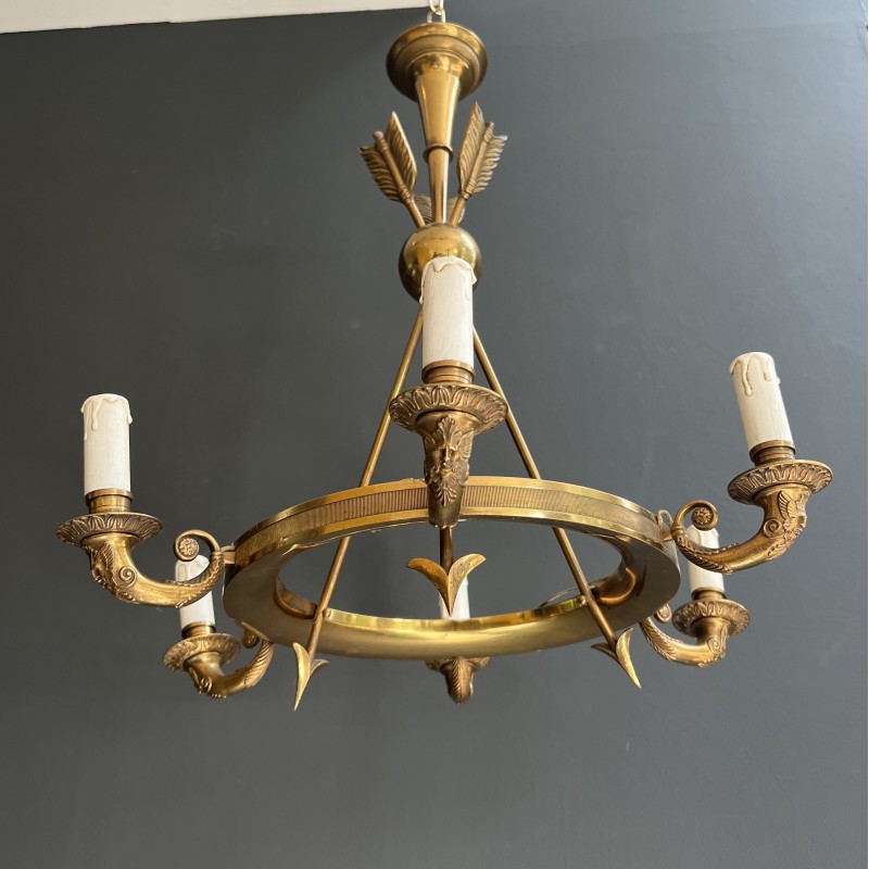 Empire Style Annular Chandelier in Gilt Bronze with Arrow and Mascaron Decoration, Six Lights, Circa 1900