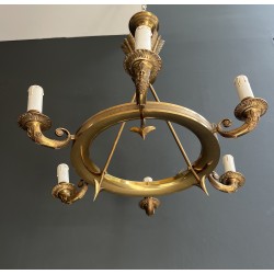 Empire Style Annular Chandelier in Gilt Bronze with Arrow and Mascaron Decoration, Six Lights, Circa 1900