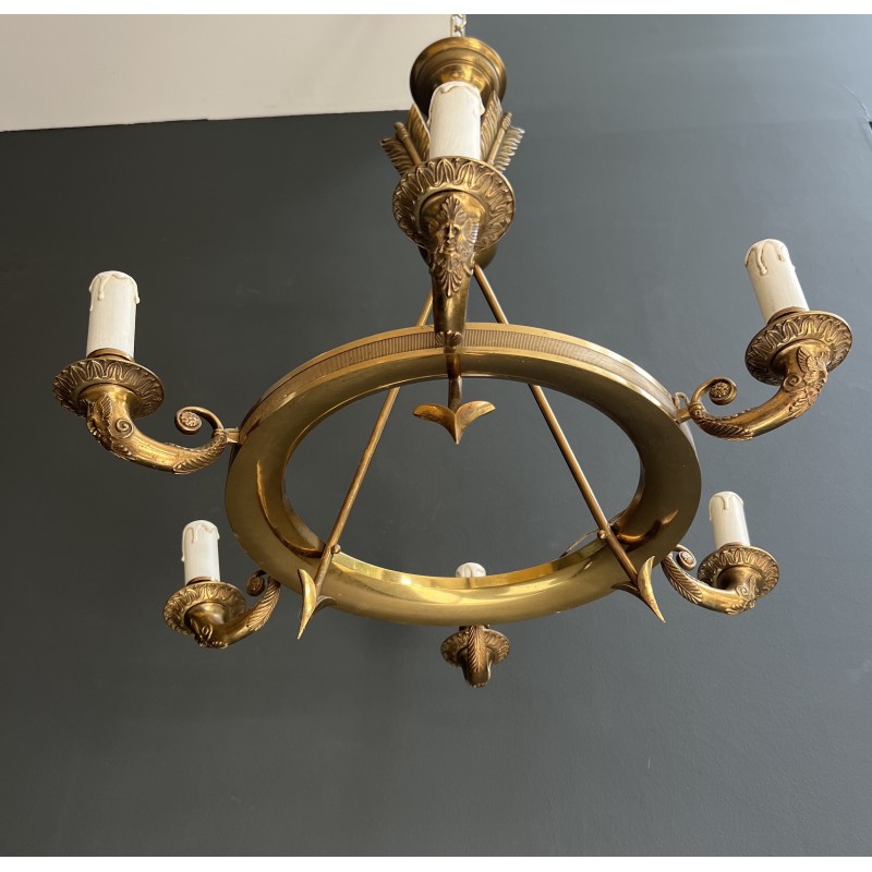 Empire Style Annular Chandelier in Gilt Bronze with Arrow and Mascaron Decoration, Six Lights, Circa 1900