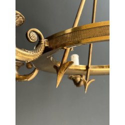 Empire Style Annular Chandelier in Gilt Bronze with Arrow and Mascaron Decoration, Six Lights, Circa 1900