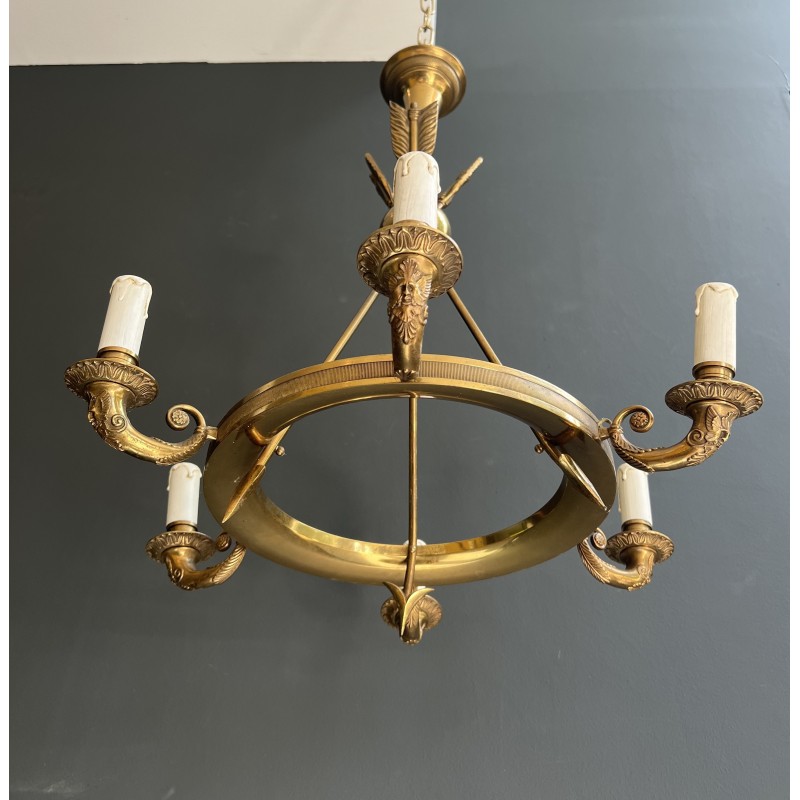 Empire Style Annular Chandelier in Gilt Bronze with Arrow and Mascaron Decoration, Six Lights, Circa 1900