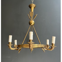 Empire Style Annular Chandelier in Gilt Bronze with Arrow and Mascaron Decoration, Six Lights, Circa 1900