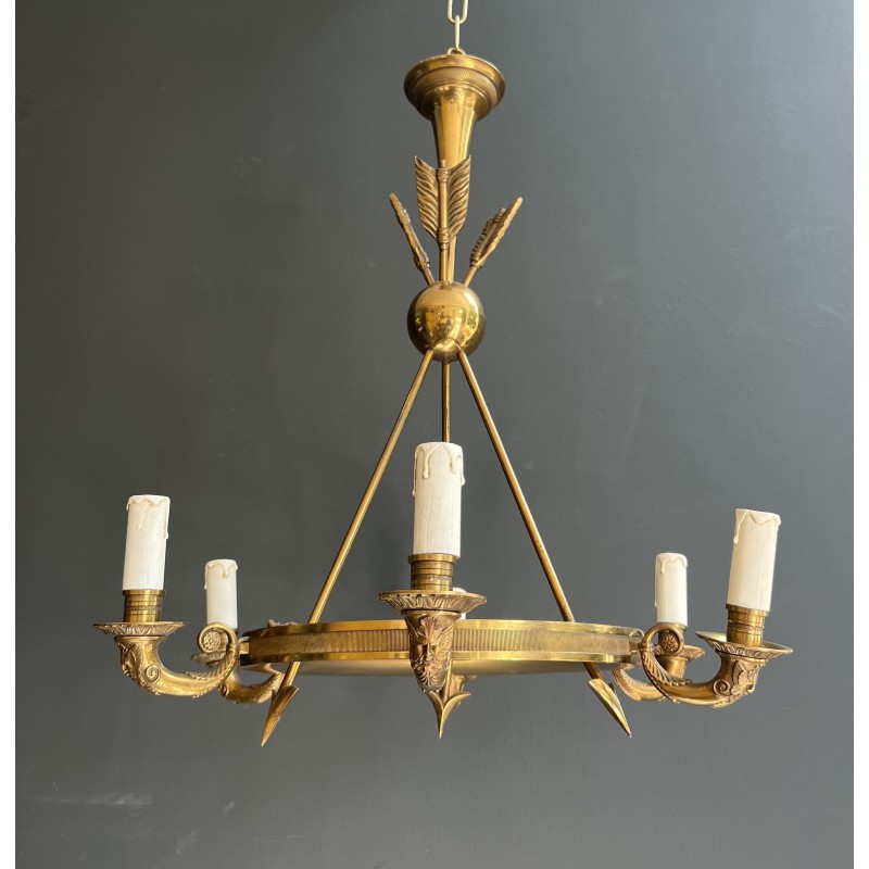 Empire Style Annular Chandelier in Gilt Bronze with Arrow and Mascaron Decoration, Six Lights, Circa 1900