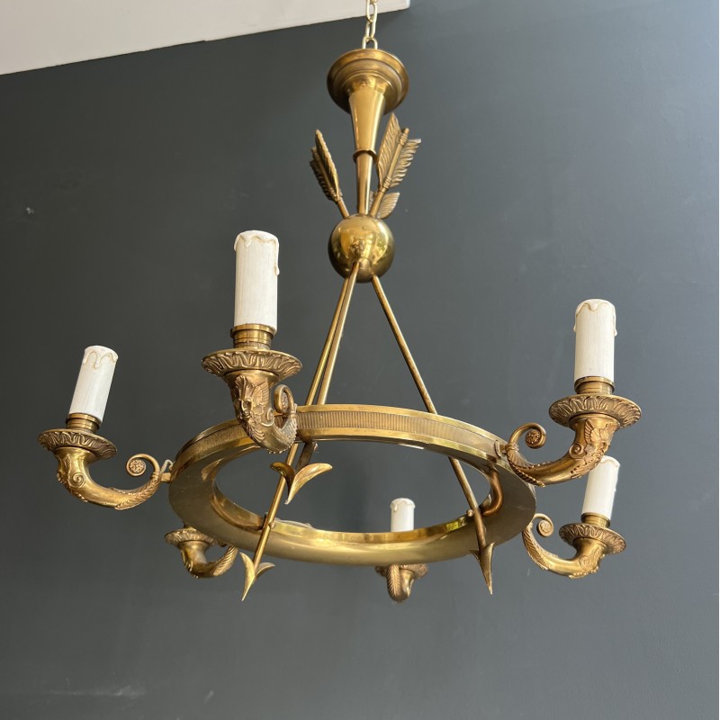 Empire Style Annular Chandelier in Gilt Bronze with Arrow and Mascaron Decoration, Six Lights, Circa 1900