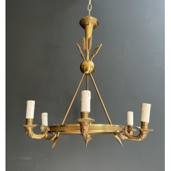 Empire Style Annular Chandelier in Gilt Bronze with Arrow and Mascaron Decoration, Six Lights, Circa 1900