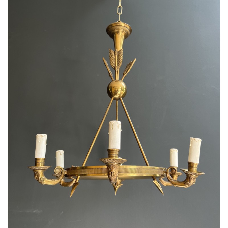 Empire Style Annular Chandelier in Gilt Bronze with Arrow and Mascaron Decoration, Six Lights, Circa 1900