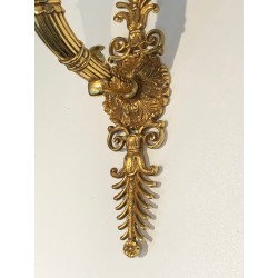Pair of Empire Style Sconces with Two Light Arms in Gilt and Patinated Bronze Depicting a Winged Cupid, 19th Century