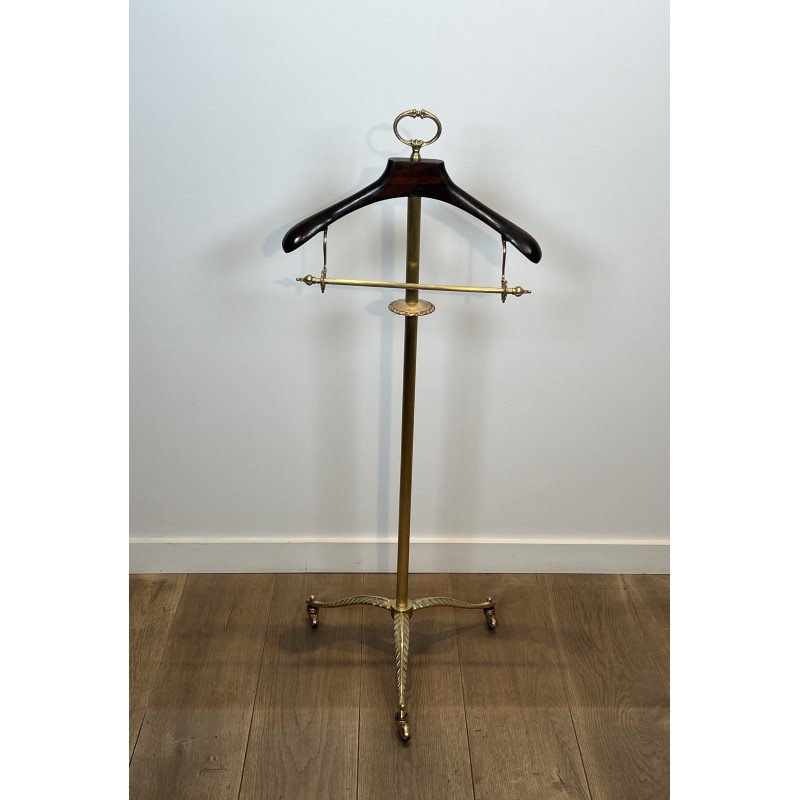 Neoclassical Style Valet Stand in Brass and Wood, Tripod Base on Casters, French Work, 1940s