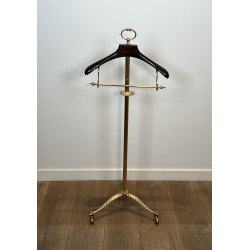 Neoclassical Style Valet Stand in Brass and Wood, Tripod Base on Casters, French Work, 1940s