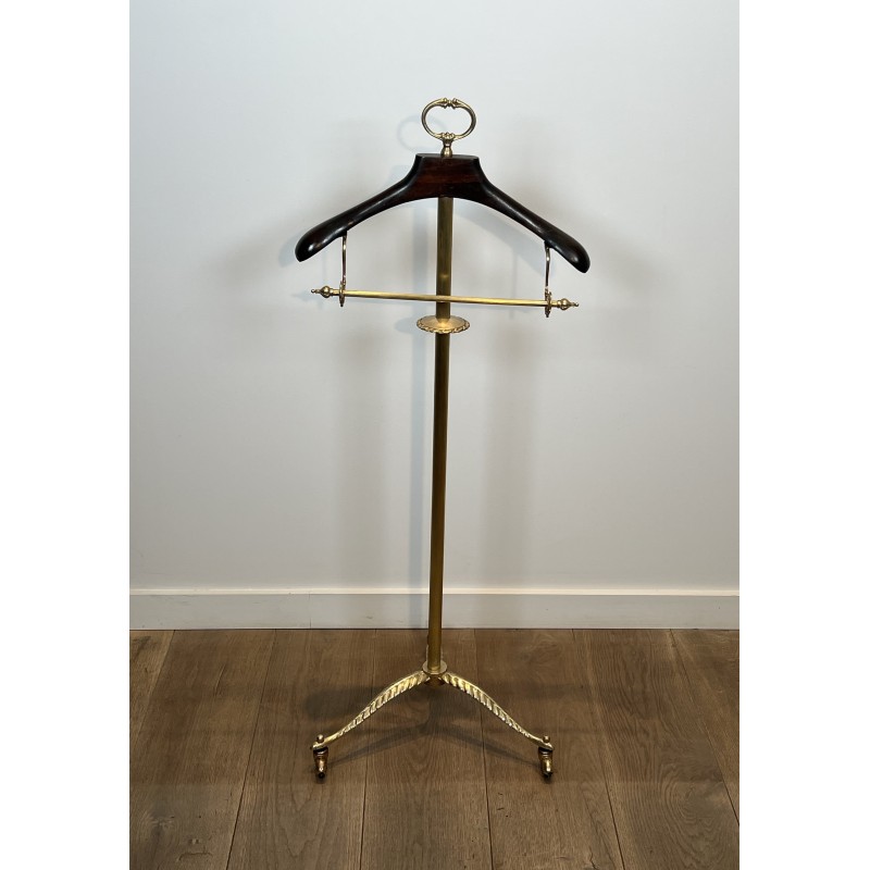 Neoclassical Style Valet Stand in Brass and Wood, Tripod Base on Casters, French Work, 1940s