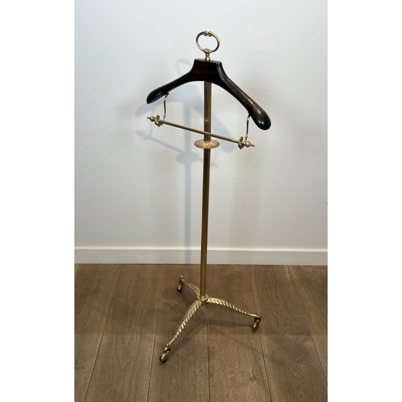 Neoclassical Style Valet Stand in Brass and Wood, Tripod Base on Casters, French Work, 1940s