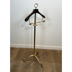 Neoclassical Style Valet Stand in Brass and Wood, Tripod Base on Casters, French Work, 1940s