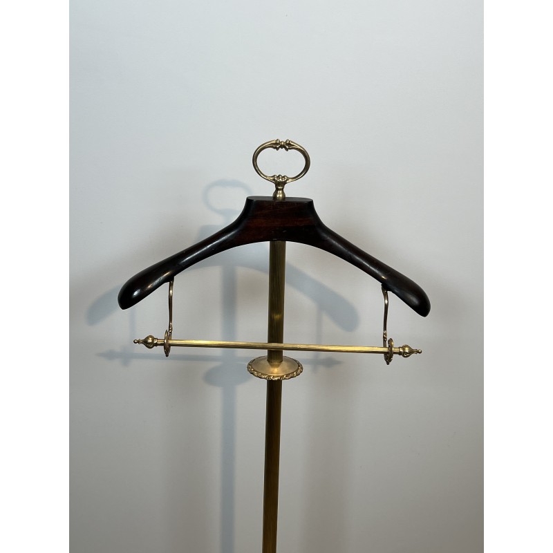 Neoclassical Style Valet Stand in Brass and Wood, Tripod Base on Casters, French Work, 1940s