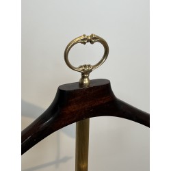 Neoclassical Style Valet Stand in Brass and Wood, Tripod Base on Casters, French Work, 1940s