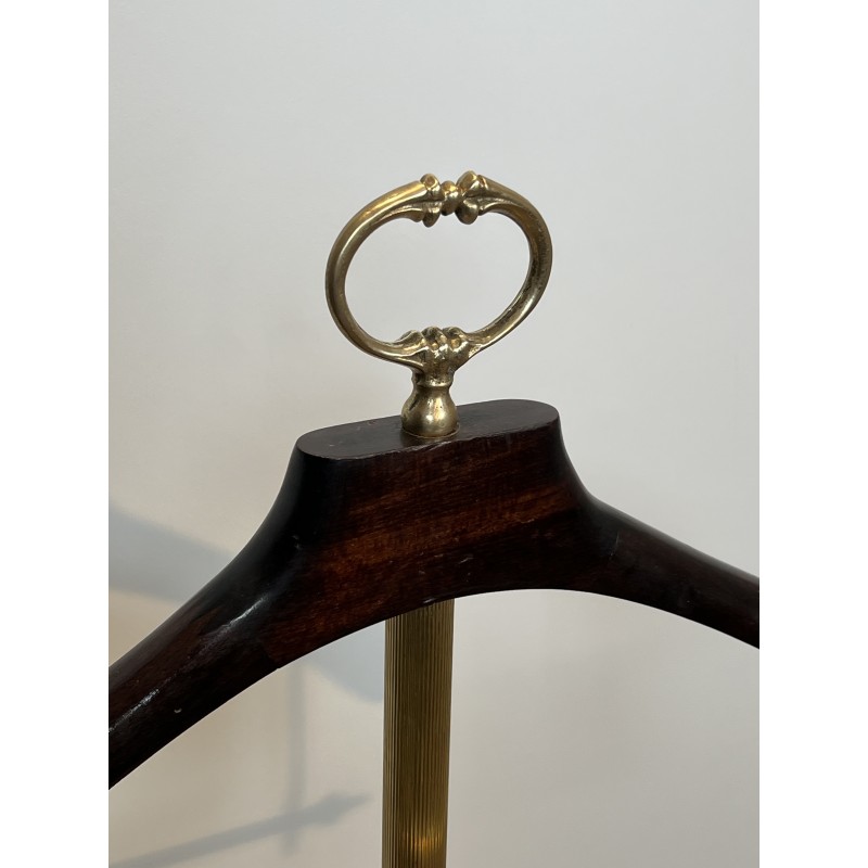 Neoclassical Style Valet Stand in Brass and Wood, Tripod Base on Casters, French Work, 1940s