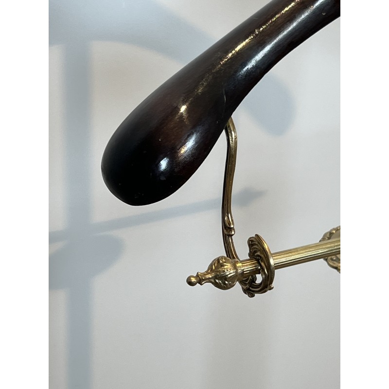 Neoclassical Style Valet Stand in Brass and Wood, Tripod Base on Casters, French Work, 1940s