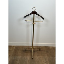 Neoclassical Style Valet Stand in Brass and Wood, Tripod Base on Casters, French Work, 1940s