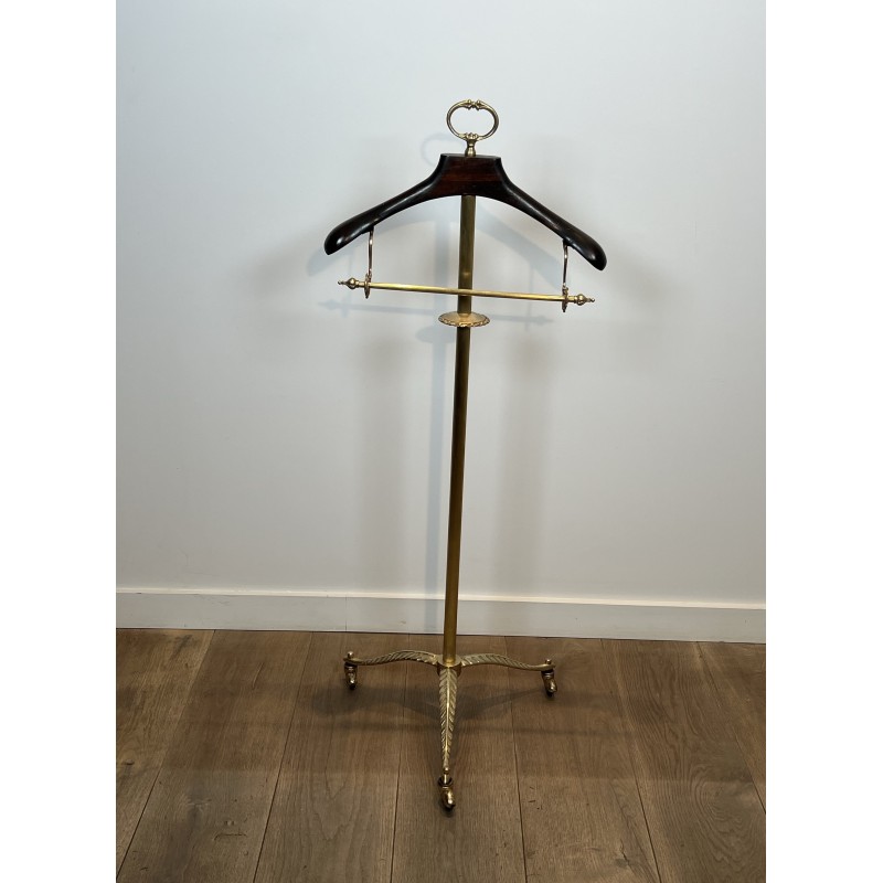 Neoclassical Style Valet Stand in Brass and Wood, Tripod Base on Casters, French Work, 1940s