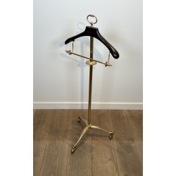 Neoclassical Style Valet Stand in Brass and Wood, Tripod Base on Casters, French Work, 1940s
