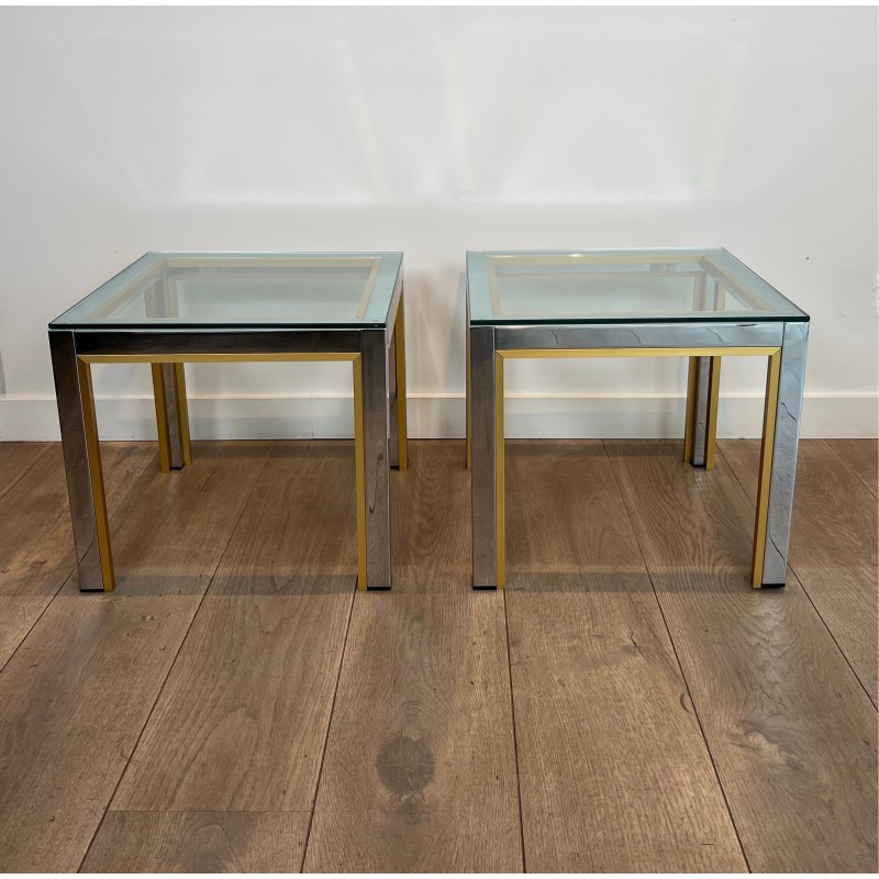 Pair of Side Tables in Chrome and Brass with a Glass Top by Willy Rizzo, 1970s