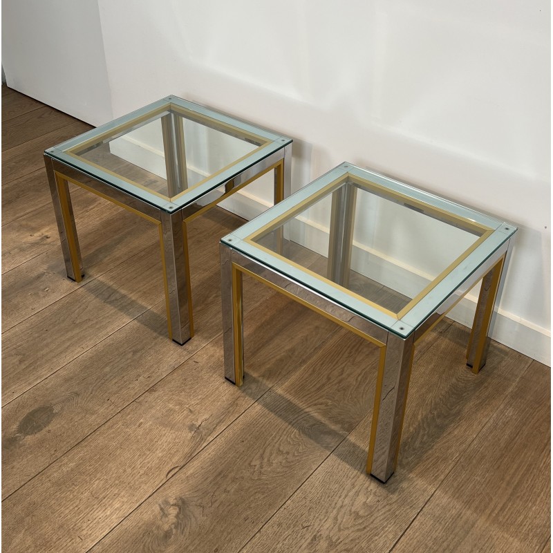 Pair of Side Tables in Chrome and Brass with a Glass Top by Willy Rizzo, 1970s