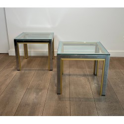 Pair of Side Tables in Chrome and Brass with a Glass Top by Willy Rizzo, 1970s