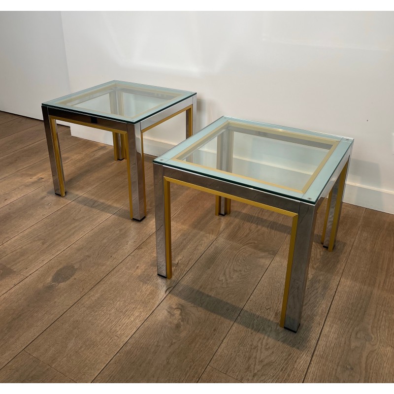 Pair of Side Tables in Chrome and Brass with a Glass Top by Willy Rizzo, 1970s