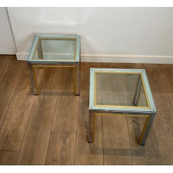 Pair of Side Tables in Chrome and Brass with a Glass Top by Willy Rizzo, 1970s