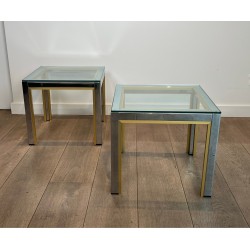 Pair of Side Tables in Chrome and Brass with a Glass Top by Willy Rizzo, 1970s