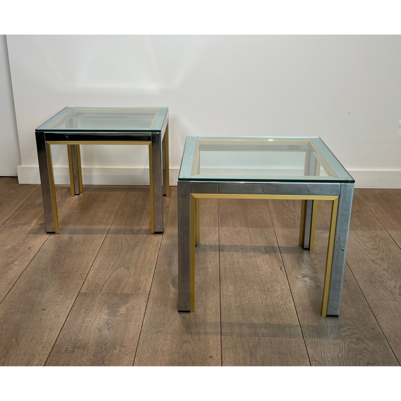 Pair of Side Tables in Chrome and Brass with a Glass Top by Willy Rizzo, 1970s