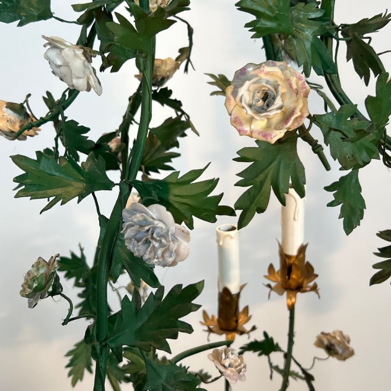 Important Louis XVI Basket Chandelier with Meissen Flowers and Lacquered Foliage, French, circa 1920