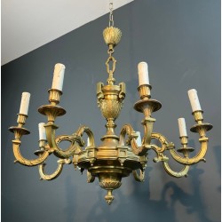 Large Eight-Light Louis XVI Chiselled Bronze Chandelier by Lucien Gau, French, circa 1940
