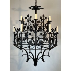 Wrought Iron Chandelier, 12 Lights, Clover & Foliage Décor, French Gothic Style, circa 1900