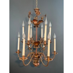 Gilt Metal Chandelier, 2 Tiers, 12 Lights, in the Manner of Maison Baguès, circa 1940