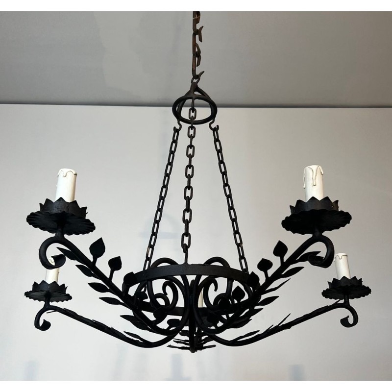 Wrought Iron Chandelier, 5 Arms, Leaf Décor, French Artisan, circa 1950