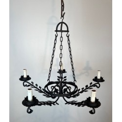 Wrought Iron Chandelier, 5 Arms, Leaf Décor, French Artisan, circa 1950