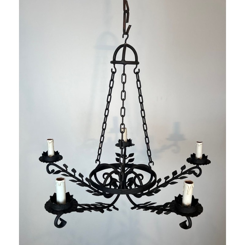 Wrought Iron Chandelier, 5 Arms, Leaf Décor, French Artisan, circa 1950